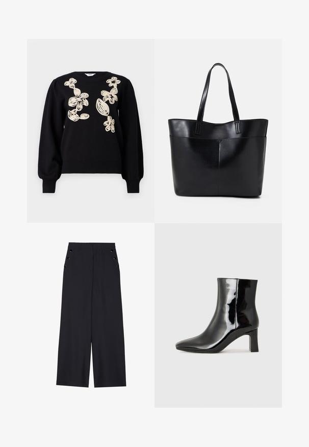 Svart genser med lange, puffede ermer og rund halslinning. Har beige broderte abstrakte mønstre foran. Mykt, teksturert stoff.; Bredde benbukser i mørk marinefarge, med en jevn tekstur, frontfalter og dekorative gullfargede øyespenner på sidelommene.; Sorte patentlær ankle boot med spiss tå og en mellomhøy blokkhelt. Glatt tekstur og minimalistisk design.; Svart lær toteveske med to lange håndtak, en glatt tekstur og en strukturert form. Har en frontlomme for ekstra oppbevaring.