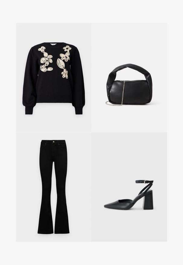 Zwarte trui met lange, opgeblazen mouwen en een ronde hals. Beschikt over beige geborduurde abstracte ontwerpen aan de voorkant. Zacht, gestructureerd stof.; Zwarte hoge taille jeans met een knoop- en ritssluiting, voorzakken en een flared pijp, plat gelegd op een witte achtergrond.; Zwarte leren puntige pump met een enkelbandje en een chunky hak. Vlakke textuur, strakke vormgeving en minimalistische esthetiek.; Zwarte leren handtas met een ronde vorm, dikke handgreep en een zilveren kettingband. Gladde textuur met een lichte glans.