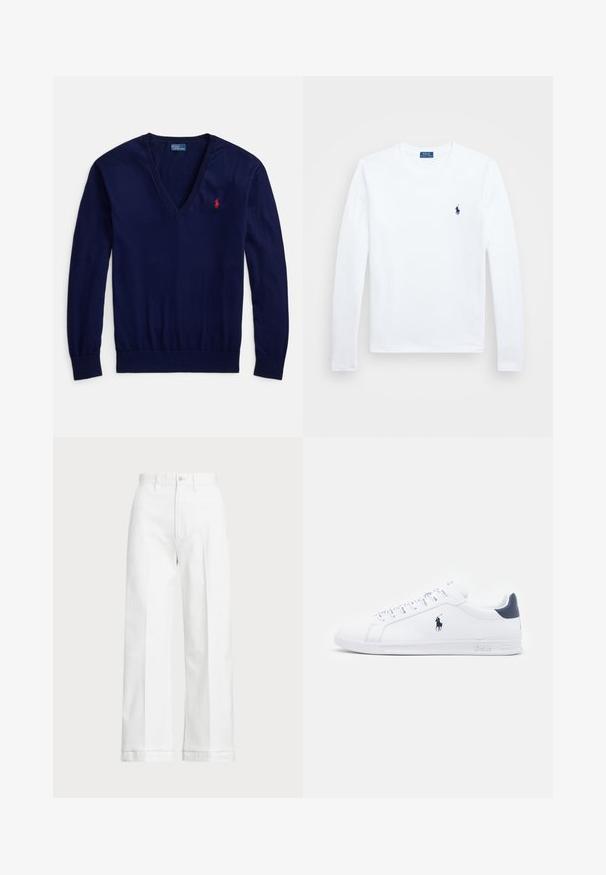Tumši zilas V veida kakla džemperis no gludas adīšanas; ar garām piedurknēm un nelielu sarkanu Polo logo kreisajā krūtīs. Elastīga apakša.; Balta garām piedurknēm krekls, kokvilnas materiāls, apaļa dekoltē, ar nelielu tumši zilu logotipu kreisajā krūtī. Vienkāršs dizains, regulāra piegriezuma.; Baltas platās bikses ar augstu jostasvietu, ar pogu aizdari un smalkiem izšuvumiem. Izgatavotas no kokvilnas ar gludu tekstūru.; Baltas ādas sporta apavi ar gludu virsmu, jūras zila akcenti un neliels zīmols sānos. Aprīkoti ar plakaniem aukliņām un strukturētu gumijas zoli.