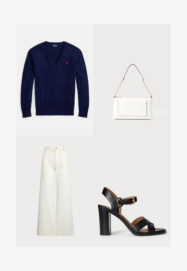 Marineblå V-halsgenser laget av glatt strikket stoff, med lange ermer og en liten rød polo-logo på venstre bryst. Elastisk kant.; Vidde bukser i off-white denim. Høyt liv-design med knappelukking, to frontlommer og kontrastsøm detaljer.; Svarte lær hæler med krysset stroppdesign og spenning. Har en kraftig hæl og glatt tekstur.; Hvit lærveske med teksturert overflate, utstyrt med gullkjede for å bære over skulderen og svarte detaljer. Inkluderer en frontlomme og glidelås.