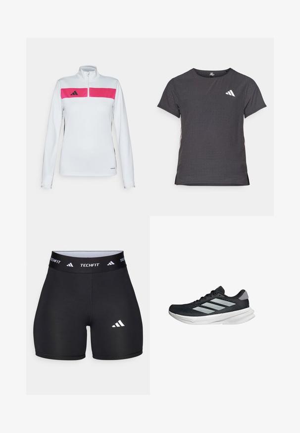 Langärmliges Sportoberteil mit einem weißen Körper, pinkem Brustpanel, schwarzen Seitenelementen und einem Reißverschlusskragen. Hergestellt aus leichtem, atmungsaktivem Material.; Kurze Ärmel Sport-T-Shirt, dunkelgrau mit durchbrochener Textur. Enthält ein weißes Logo und kontrastierende Seitenstreifen. Runder Ausschnitt.; Schwarze Shorts aus dehnbarem Stoff mit passgenauer Passform. Verfügt über einen breiten schwarzen Bund, der mit "TECHFIT" beschriftet ist, und ein weißes Logo am Bein.; Schwarzer Laufschuh mit Mesh-Obermaterial, drei silbernen Streifen, weißer Zwischensohle und strukturiertem Außensohle. Verfügt über einen gepolsterten Schaft und eine Schnürung.