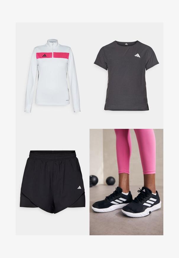Camiseta deportiva de manga larga con un cuerpo blanco, panel en el pecho rosa, acentos laterales negros y cuello con cremallera. Fabricada con un tejido ligero y transpirable.; Camiseta atlética de manga corta, gris oscuro con textura perforada. Presenta un logo blanco y rayas laterales en contraste. Escote redondeado.; Pantalones cortos atléticos negros con un diseño en capas, confeccionados en tela ligera. Presentan una cintura elástica y un pequeño logo blanco en el costado.; Zapatillas deportivas negras con rayas blancas, parte superior de malla texturizada y suela blanca. Combinadas con leggings rosa, exhibiendo ropa de entrenamiento.