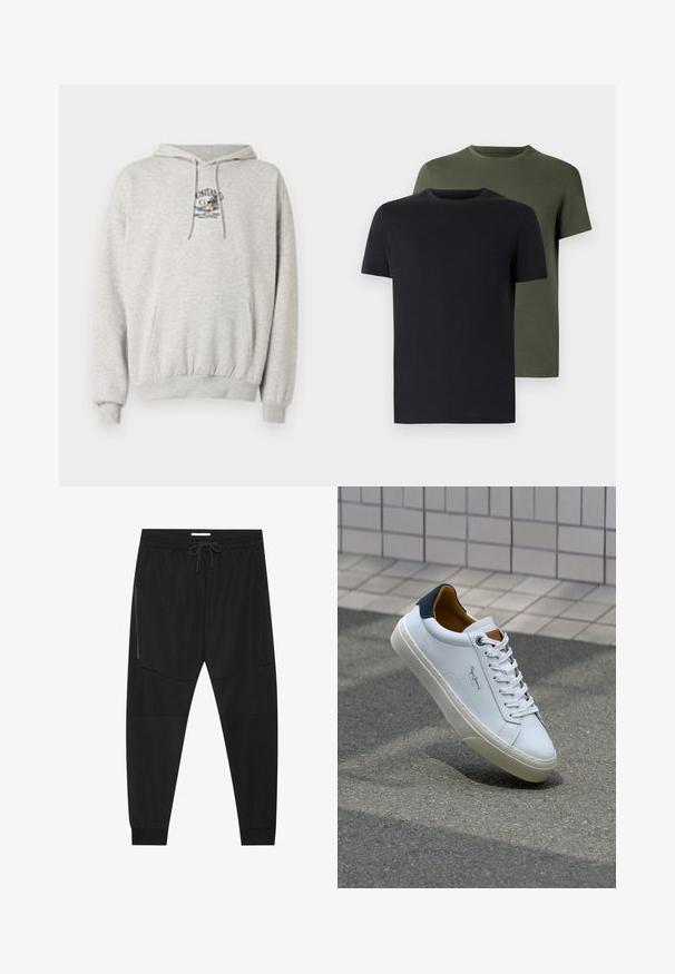 Hoodie gris claro en mezcla de algodón, con un bolsillo tipo canguro en la parte delantera, puños y dobladillo acanalados, y detalles de logo bordado en el pecho.; Dos camisetas de cuello redondo en negro y verde oliva, hechas de suave tela de algodón. El diseño es simple, con mangas cortas y corte recto.; Pantalones deportivos negros hechos de tejido texturizado, con una cinturilla ajustable, bolsillo lateral con cremallera y puños ajustados.; Zapatilla de cuero blanca con talón en azul marino, punta redonda y acentos en marrón a contraste. Presenta cordones planos y suela de goma texturizada.