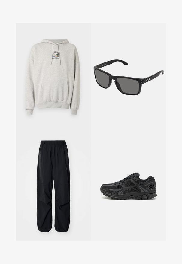 Světle šedá mikina vyrobená z bavlněné směsi, s přední kapsou na klokaní styl, ribbovanými manžetami a lemem, s vyšívaným logem na hrudi.; Černé lehké cargo kalhoty s elastickým pasem, bočními zipy a prostornými kapsami. Mají volný střih a zúžené manžety.; Černá sportovní bota s síťovinovým svrškem, gumovou podrážkou a texturovanými akcenty. Design zahrnuje výrazný systém šněrování a polstrovanou podrážku.; Černé sluneční brýle s tlustým plastovým rámem, tmavě šedými skly a jemnými kovovými akcenty na stranách. Čtvercový tvar s hladkým povrchem.
