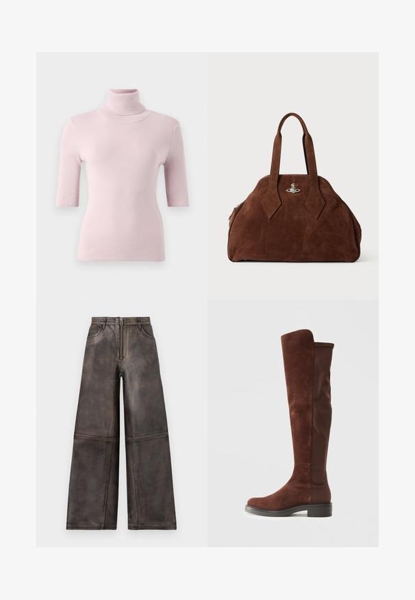 Světle růžový krátký rukáv rolák s žebrovanou texturou, s úzkým střihem a hladkým povrchem.; Kapsáčové kalhoty z hnědé kůže s texturovaným povrchem, vybavené předním zipem, poutky na opasek a diskrétními bočními kapsami.; Vysoká hnědá suede a textilní bota s nízkým černým podpatkem a zaoblenou špičkou, zobrazená z bočního pohledu na čistém bílém pozadí.; Hnědá semišová kabelka se strukturovaným tvarem, zaobleným tělem a prodlouženými úchyty ve tvaru diamantu. Obsahuje stříbrné kování na zavírání.