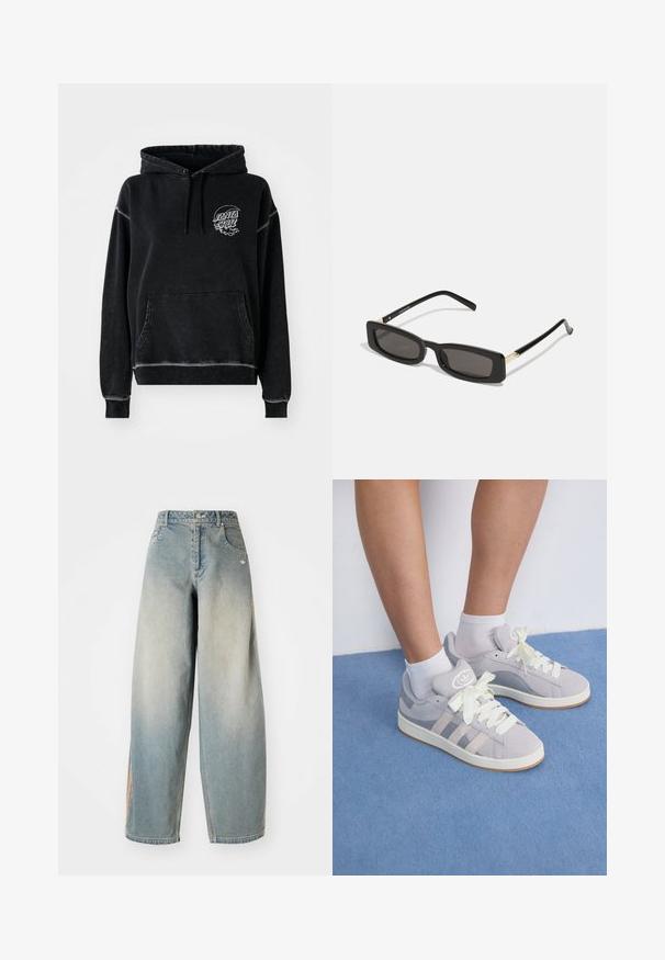 Fekete kapucnis pulcsi, elülső zsebbel, húzózsinórral ellátott kapucnival, és egy kör alakú fehér logóval, amelyen az "SANTA CRUZ" felirat szerepel. Puha, bolyhos textúrájú.; Világoskék farmer széles lábú farmernadrág, kopott hatással. Elülső zsebekkel, gombos záródással és diszkrét logóval a derekán.; Szürke velúr sportcipők fehér fűzővel és gumi talppal, az oldalán három ferde csíkkal és a nyelvén logo folttal.; Fekete téglalap alakú napszemüveg sötét lencsékkel, fényes műanyag kerettel, arany díszítéssel az temples. Minimalista design és elegáns forma.