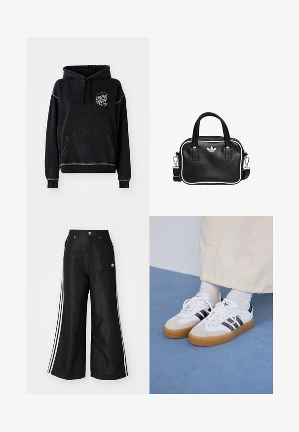 Felpa nera con tasca frontale, cappuccio con lacci e un logo circolare bianco con la scritta "SANTA CRUZ". Texture morbida e spazzolata.; Pantaloni in denim neri a gamba larga con tre strisce bianche su ciascun lato e un piccolo logo bianco. Presentano tasche frontali e chiusura con bottone.; Sneakers bianche con strisce nere e accenti in suede beige. Presentano una suola in gomma texturizzata e lacci bianchi piatti, indossate con calzini di colore chiaro.; Borsa a mano in pelle nera con due manici corti, hardware argentato, dettagli bianchi e un logo bianco. Presenta una superficie strutturata e un design compatto.