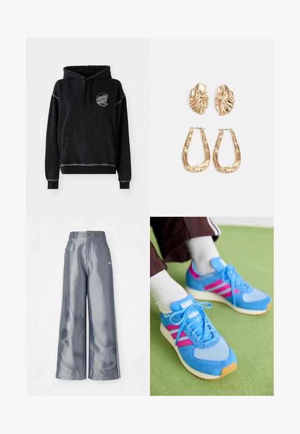 Fekete kapucnis pulcsi, elülső zsebbel, húzózsinórral ellátott kapucnival, és egy kör alakú fehér logóval, amelyen az "SANTA CRUZ" felirat szerepel. Puha, bolyhos textúrájú.; Fényes szürke anyagú, bőszárú nadrág, fehér oldalsávokkal és lángmintával az alsó lábakon. Gombos és cipzáras záródás a deréknál.; Kék sportcipők, amelyek velúrból és hálóból készültek, rózsaszín csíkokkal, kerek orral és texturált gumitalppal. A fűző világoskék.; Aranyszínű fülbevalók, texturált, hullámos formákkal. Tartalmazza a szobrászati klipszes studokat és az open hoop kialakítást, kalapácsos felülettel.