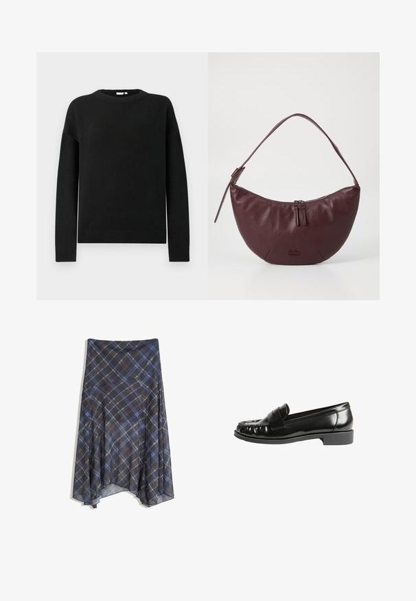 Schwarzer langärmeliger Rundhalsausschnitt-Pullover mit gerippten Bündchen und Saum, präsentiert auf einem schlichten hellgrauen Hintergrund.; Schwarzer Karorock mit blauen und braunen Linien, fließendes Design, knielang, aus leichtem Stoff mit glatter Textur.; Schwarze Lederloafers mit glänzender Oberfläche, runder Zehenform, gestickten Details und niedrigem Blockabsatz. Glatte Textur und klassisches Design.; Bordeauxfarbene Lederhandtasche mit geschwungenem Design, ausgestattet mit einem Reißverschluss, zwei Reißverschlussanhängern und einem kurzen Schultergurt. Details umfassen ein geprägtes Logo.