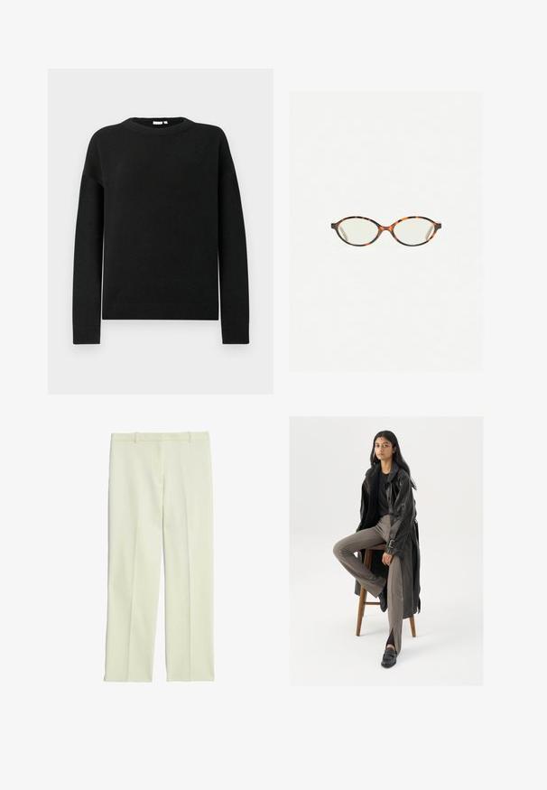 Černý dlouhý rukáv svetr s kulatým výstřihem, s žebrovanými manžetami a lemem, na jednoduchém světlém šedém pozadí.; Krémové rafinované kalhoty se střihovými nohavicemi, s plochým předním dílem, poutky na opasek a hladkým povrchem.; Černý kožený trenčkota s knoflíky a detailem pásku, kombinovaný s světle hnědými úzkými kalhotami a černými mokasínami, sedící na dřevěném stoličce.; Želvovinové brýle s oválnými čočkami a hladkým, jemným povrchem. Má tenké bočnice s jemným zakřivením v chrámcích. Čiré čočky.