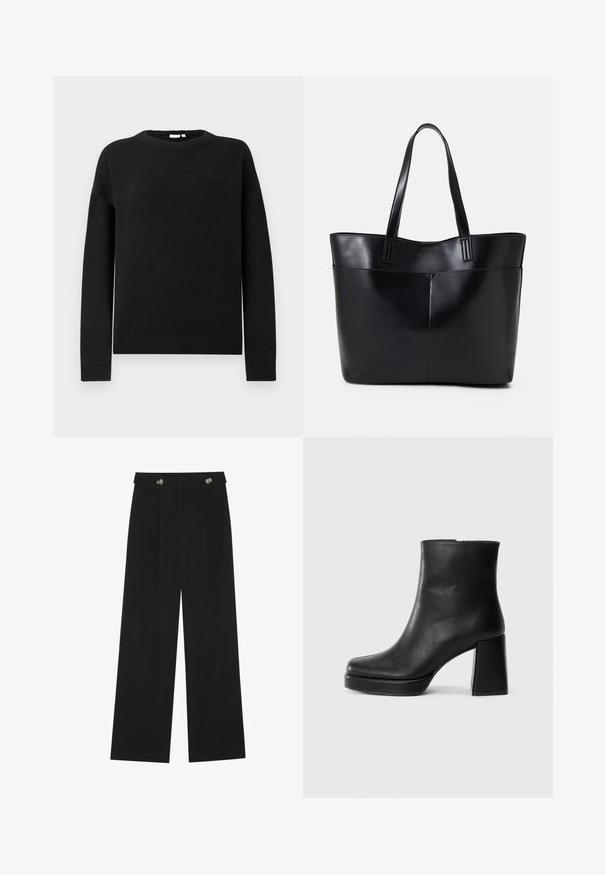 Fekete, hosszú ujjú, környakú pulóver, bordás mandzsettákkal és heméllyel, sima világosszürke háttér előtt.; Fekete, bő szárú nadrág magas derékkal, gombos részletekkel a derékrészen és elülső pliszékkal.; Fekete bőr bokacsizma tömbsarkal és platform talppal, oldalról nézve, sima fehér háttéren.; Fekete bőr bevásárlótáska két hosszú fogantyúval, sima felülettel és strukturált formával. Elülső zseb található rajta a plusz tárolás érdekében.