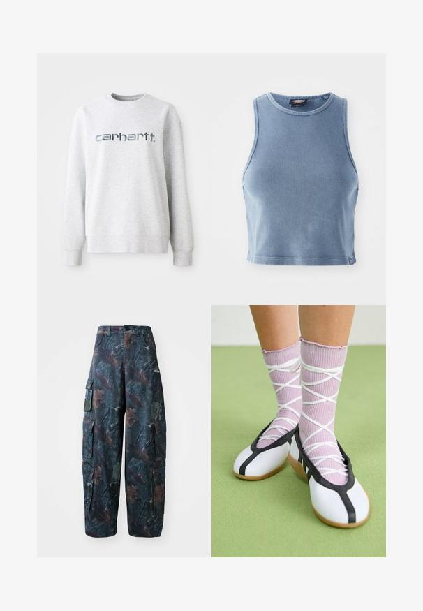 Grå bomulds sweatshirt med rund hals, ribbede mansetter og et stort, reflekterende "carhartt" logo på forsiden.; Lyseblå ribbet crop top med rund udskæring og ærmeløst design. Glat tekstur og en lille logo detalje ved kanten.; Camo cargo bukser i mørkegrøn og brun, med flere lommer og en løs pasform, lavet af letvægtigt, holdbart stof.; Hvide flade sko med sort trim og sål, parret med lyse lilla ribbede sokker med hvide krydsseler. Sat mod en grøn baggrund.