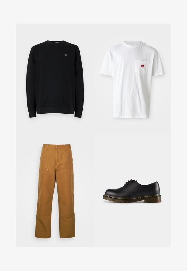 Fekete pulóver, kerek nyakkivágással, hosszú ujjak, puha anyagból készült. Kis logó áll a mellrészen. Tiszta dizájn, minta nélkül.; Fehér pamut póló kerek nyakkal és rövid ujjakkal. Bal oldalon, a mellzseben egy kis piros szívlogó található.; Barna pamut munkanadrág egyenes lábbal, elülső zsebekkel és fém kiegészítőkkel a fokozott tartósság érdekében.; Fekete bőr cipő lekerekített orral, fűzős kialakítással, sárga varrással a talp mentén és masszív, texturált gumi talppal.