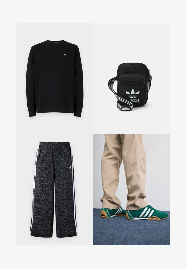 Czarny sweatshirt, okrągły dekolt, długie rękawy, wykonany z miękkiego materiału. Posiada małą naszywkę z logo na piersi. Czysty design, bez wzorów.; adidas Originals UNISEX czarny; Zielone pikowane sneakersy z białymi paskami i brązowymi gumowymi podeszwami, w połączeniu z beżowymi spodniami. Projekt charakteryzuje się niskim profilem i teksturowanym materiałem.; Czarna torba crossbody wykonana z materiału, z zamknięciem na zamek błyskawiczny, z białym logo Adidas oraz regulowanym paskiem w paski, co ułatwia noszenie.