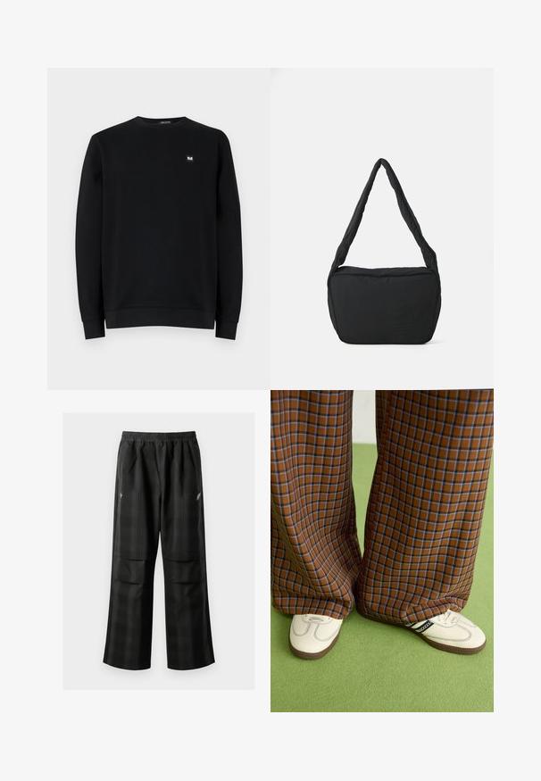 Svart hettegenser, rund hals, lange ermer, laget av mykt stoff. Har et lite logomerke på brystet. Ren design, ingen mønstre.; Svarte rutete bukser med elastisk midje, to frontlommer og løs passform med rett ben-design. Laget av lett materiale.; Brune og blå rutete vide bukser sammen med hvite sko med svarte detaljer og teksturerte såler, satt mot en grønn bakgrunn.; Svart skulderveske med polstret tekstur, rund form og bred stropp, med et preget logo på forsiden.