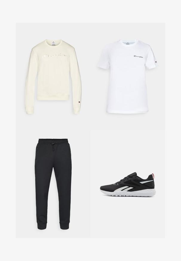 Sweatshirt creme com mangas longas, logótipo "Champion" bordado na mesma cor, punhos e bainha canelados, textura de tecido suave.; T-shirt de algodão branco com decote redondo, mangas curtas e um logótipo "Champion" bordado a preto no peito e como detalhe na manga.; Joggers atléticos pretos com cintura elástica ajustável, bolsos laterais com fecho e punhos canelados. Feitos de um tecido suave e texturizado.; Roupas de atletismo pretas com um acabamento em rede, detalhes em branco, sola texturizada e uma aba no calcanhar vermelha para um toque adicional.