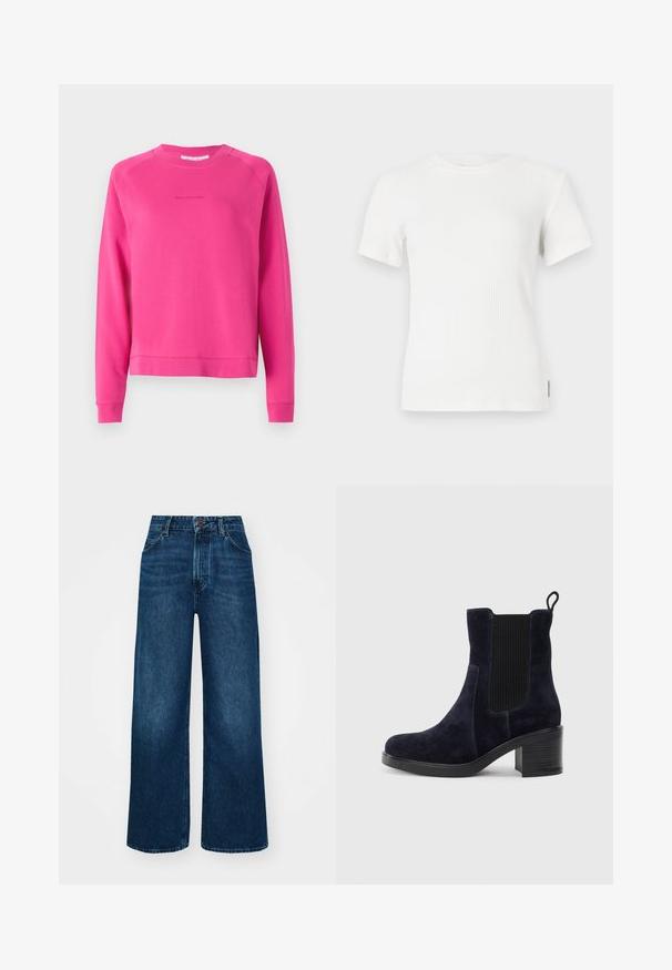 Sweatshirt rosa-choque feito de tecido macio, com gola redonda e mangas longas, apresentando um logótipo discreto impresso na frente.; T-shirt branco de manga curta, com decote redondo. Textura suave, design ajustado e detalhes de costura mínimos.; Jeans de cintura alta e pernas largas em denim azul escuro com uma textura suave, costuras em contraste e design de cinco bolsos. Fecho frontal com botão.; Bota de tornozelo em camurça azul-marinho com painel elástico lateral, bico redondo e salto bloco. O tecido texturizado e a sola lisa criam um contraste.