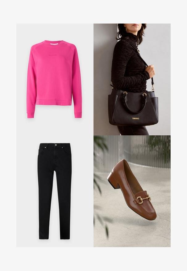 Ružičasti dukserica izrađena od mekane tkanine, s okruglim izrezom i dugim rukavima, s diskretnim logotipom otisnutim sprijeda.; Crne traperice uskog kroja s prednjim zatvaranjem na gumb, petljama za pojas i klasičnim dijelom od pet džepova. Glatka tekstura.; Smeđi lakirani loafer s kvadratnim vrhom, metalnim lancem kao naglaskom i niskom blok petom; glatka tekstura, minimalistički dizajn.; Crna torba s teksturiranom površinom, dvostrukim gornjim ručkama i podesivom remenom za rame. Ima zlatne metalne detalje i bočne džepove.