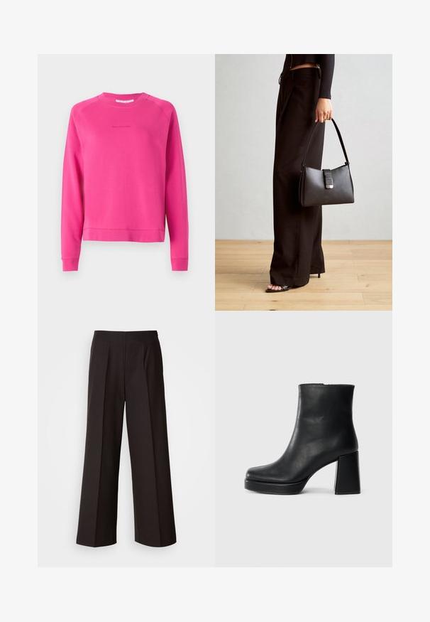 Lys rosa sweatshirt laget av mykt stoff, med rund hals og lange ermer, og en subtil logo trykket på forsiden.; Sorte vidde bukser med flat front, folder og en glatt tekstur. Har høy midje og skreddersydd snitt for en strukturert passform.; Sorte skinnankelsko med blokkhæl og plattformsåle, sett fra siden på en enkel hvit bakgrunn.; Svart håndveske med strukturert form, jevn tekstur og metallisk lås. Kombinert med brede svarte bukser og sandaler med åpen tå på tregulv.