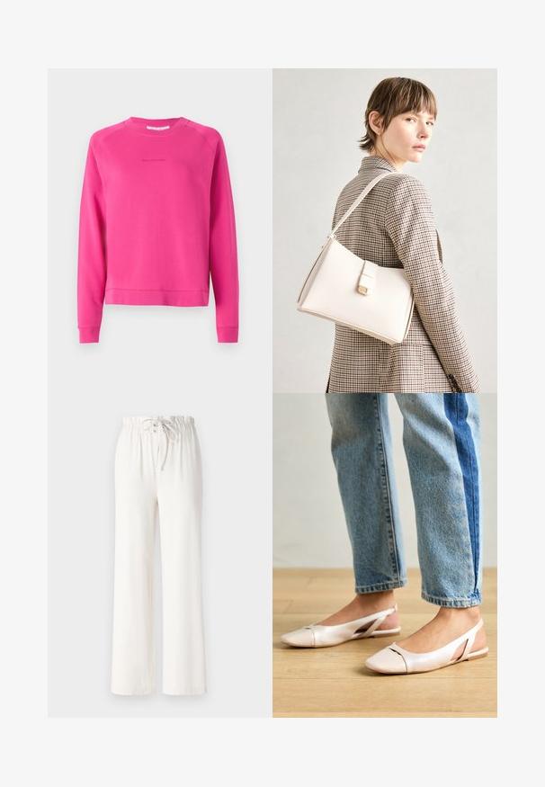 Hot pink sweatshirt made of soft fabric, featuring a crew neck and long sleeves, with a subtle logo printed on the front.; White wide-leg pants made of soft fabric, featuring a drawstring waist and smooth texture. No patterns or embellishments visible.; Pale pink slingback flats with a pointed toe, made from a smooth leather-like material. Features cut-out details at the sides and a flat heel.; White leather handbag with a structured design, featuring a magnetic clasp and a shoulder strap, showcased against a neutral background.