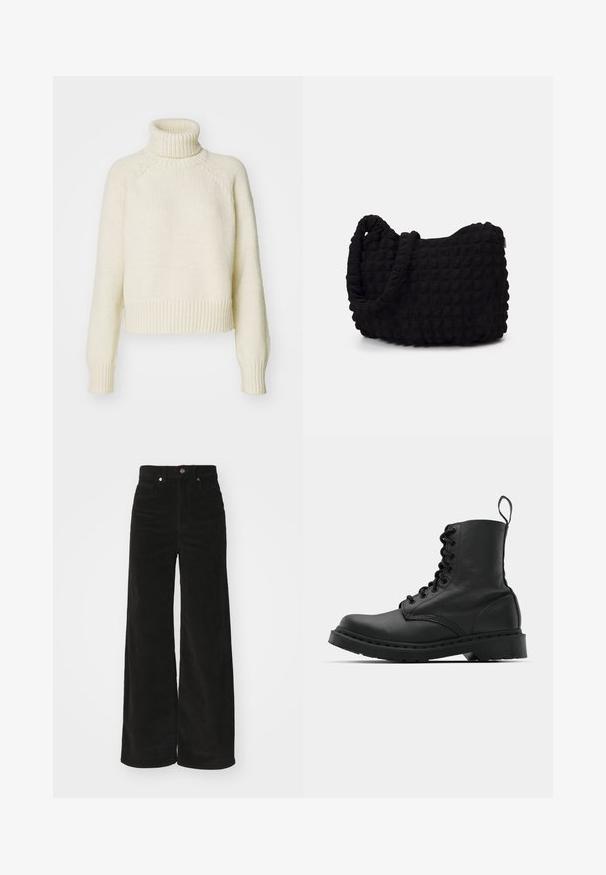 Krémový rolák s hrubou pleteninou, zkrácený střih, a žebrovanými manžetami a lemem. Obsahuje raglánové rukávy.; Černé kordové kalhoty širokého střihu s vysokým pasem, obsahující dvě přední kapsy a kovové zapínání na knoflík. Texturovaná tkanina s vertikálními pruhy.; Černá kožená bojová bota s kulatou špičkou, šněrováním vpředu a poutkem na zadní straně u kotníku. Vybavena silnou gumovou podrážkou pro maximální trvanlivost.; Černá látková taška s texturovaným, prošívaným vzorem. Zaoblený tvar, krátké, silné uchy a měkká, flexibilní struktura.