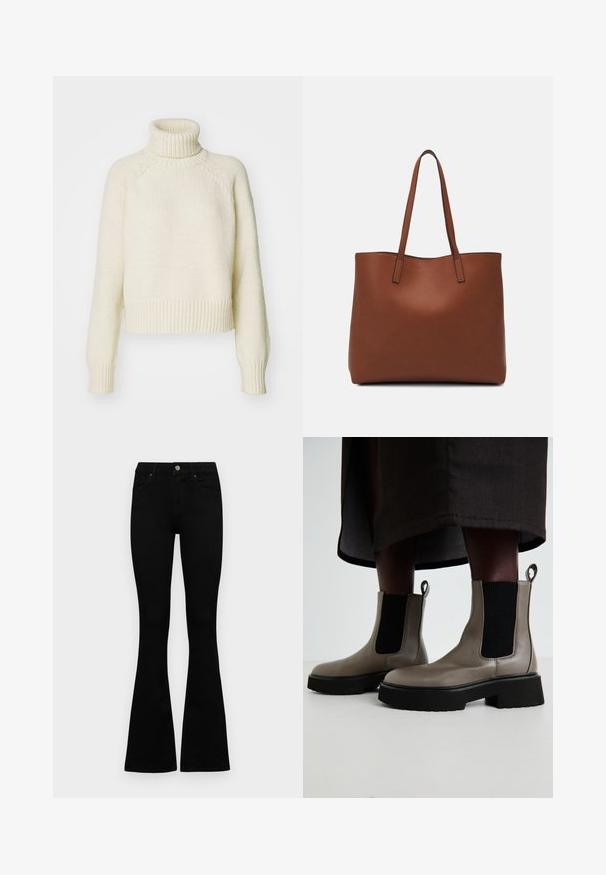 Kreminės spalvos golfas su storu mezgimo tekstūru, trumpa suknelė ir raišteliai ant riešų bei apatinės dalies. Su raglano rankovėmis.; Juodos aukšto liemens džinsai su mygtuku ir užtrauktuku, priekinėmis kišenėmis ir platėjančiomis kojomis, išdėstyti ant baltos fono.; Pilkas kulkšninis batus, pagamintus iš tekstūruotos odos, su elastingomis šoninėmis panelėmis ir masyviu juodu padu. Yra užtrauktukai, skirti lengvam vilkimo procesui.; Ruda odinė priekabų krepšys su glotnia tekstūra, atviru viršumi ir dviem petnešomis. Su minimalia siuvimo detalėmis ir nematoma aparatūra.