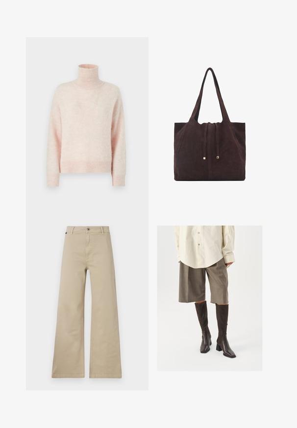 Helles rosa Sweatshirt mit hohem Rollkragen, langen Ärmeln und einer weichen, strukturierten Oberfläche. Mit gerippten Manschetten und Saum.; Beige weite Hosen aus Baumwolle. Mit Knopfverschluss, Gürtelschlaufen und Seitentaschen. Glatte, robuste Textur mit klassischem Design.; Braune knöchelhohe Stiefel mit quadratischer Zehenpartie und Blockabsatz, kombiniert mit einem beigen Oversized-Hemd und braunen karierter Culotte.; Mango Shopping Bag - dark brown