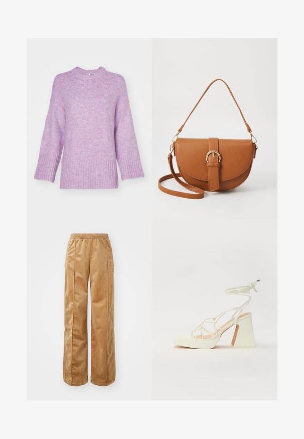 Pulôver roxo de malha com gola redonda, barra canelada e mangas largas. Contém uma mistura de texturas suaves e variações de cor subtis.; Calças largas em tom bege feitas de um material suave e aveludado. Apresentam uma cintura elástica e costuras verticais na frente para um detalhe adicional.; Sandálias brancas de salto alto com um salto robusto, apresentando um design com tiras e amarração no tornozelo. Textura suave com uma plataforma na frente para altura adicional.; Bolsa transversal de couro castanho com um formato curvado, ferragens douradas e um detalhe de fivela. Inclui uma alça de ombro destacável.