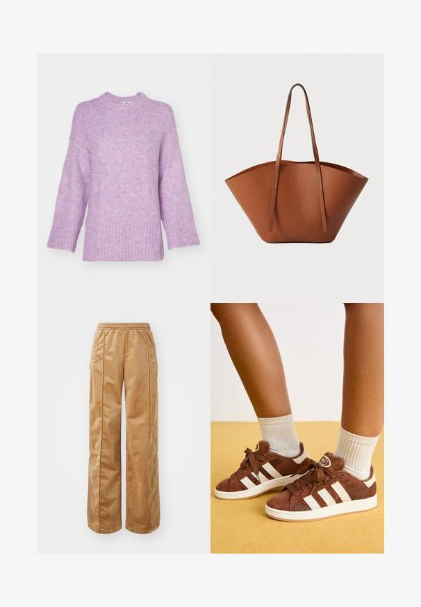 Ljubičasti pleteni pulover s okruglim izrezom, rebrastim rubom i širokim rukavima. Sadrži mješavinu mekih tekstura i suptilnih varijacija boja.; Tamne široke hlače izrađene od mekog, baršunastog materijala. Imaju elastičnu traku u struku i vertikalne šavove duž prednje strane za dodatne detalje.; Smeđe nubuk tenisice s bijelim prugama, ukrašenim vezicama i brendiranjem, teksturiranim panelima i gumiranim potplatima. Nosi se s bijelim rebrastim čarapama.; Smeđa kožna torba za nošenje s širokim, strukturiranim oblikom, tankim ručkama i teksturiranom površinom. Ima minimalistički dizajn bez vidljivih dijelova metalne opreme.