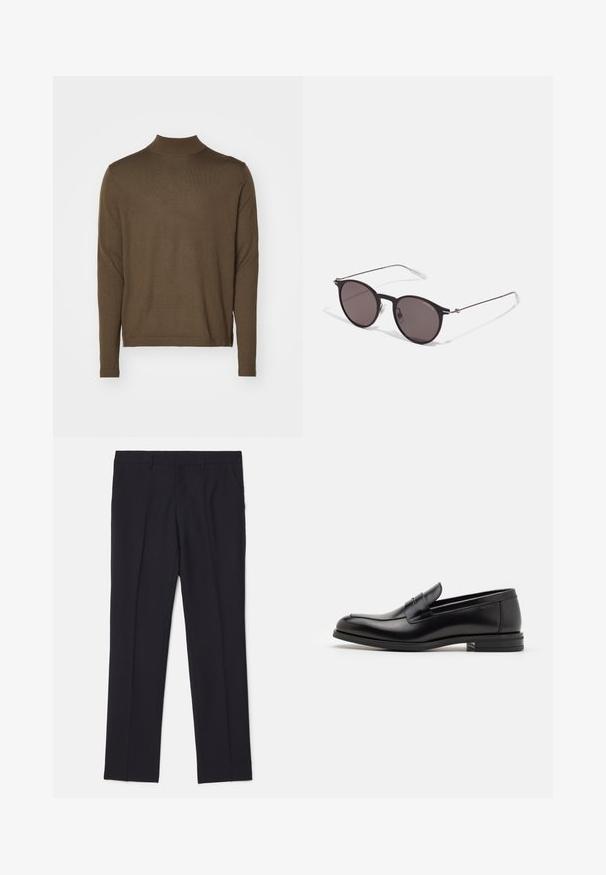 Tiger of Sweden TERN zielony; Czarne dopasowane spodnie wykonane z gładkiego materiału, z dwoma bocznymi kieszeniami, prostym krojem nogawek i bez widocznych wzorów czy akcentów.; Czarne skórzane mokasyny o gładkiej fakturze, zaokrąglonym nosku i dekoracyjnym pasku na przodzie. Niski, warstwowy obcas, minimalistyczny design.; Czarne okrągłe okulary przeciwsłoneczne z ciemnymi soczewkami i smukłymi metalowymi ramkami. Zawierają przezroczyste końcówki zauszników oraz srebrne akcenty przy zawiasie. Minimalistyczny design.