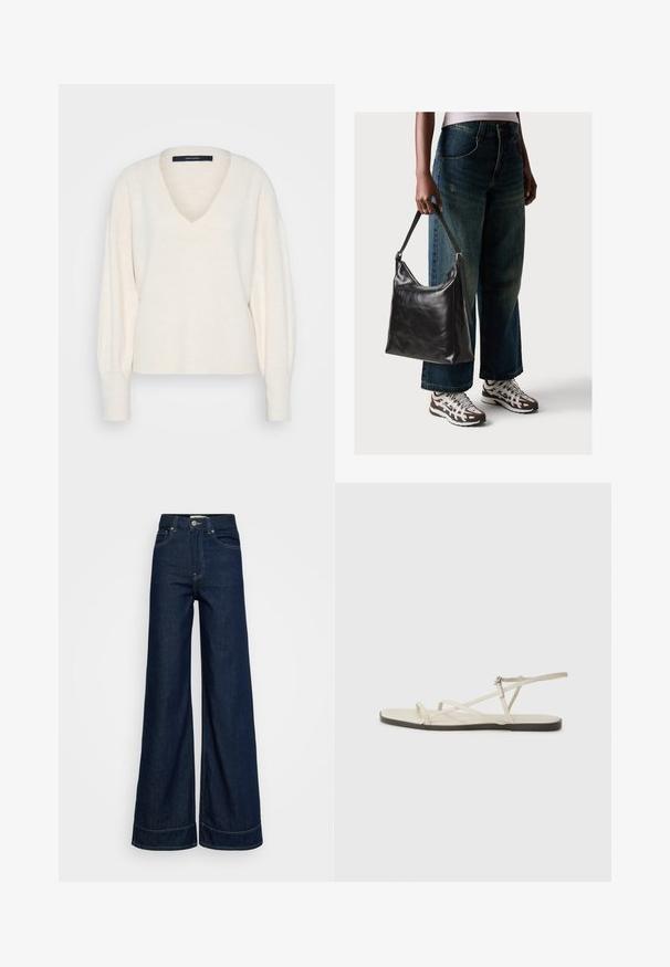 Vero Moda Tall VMJUPITER mleczny; Ciemnoniebieskie, wysokie dżinsy o szerokich nogawkach z przednimi kieszeniami, szlufkami na pasek, zapięciem na guzik i widocznym przeszyciem na białym tle.; Beżowe płaskie sandały z wieloma cienkimi paskami i regulowanym zapięciem. Podeszwa jest płaska z delikatnym ciemnym kontrastem na krawędzi.; Czarna skórzana torba na ramię o gładkiej fakturze i regulowanym pasku, w zestawieniu z wyblakłymi dżinsami typu wide-leg i sportowymi butami.