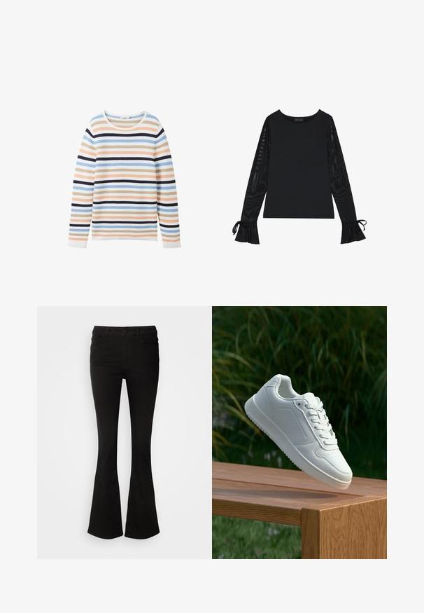 TOM TAILOR NEW OTTOMAN - Trui - peach blue ottoman stripe; Zwarte top met een solide lichaam en doorschijnende, uitlopende mouwen. Heeft strikaccenten bij de manchetten. Gemaakt van een gladde stof met een getailleerd ontwerp.; Zwarte flarebroek van rekbare stof, met een tailleband met riemlussen en voorzakken, een zachte textuur en een getailleerde pasvorm tot de knie.; Witte sneaker met een gladde synthetische bovenkant, geperforeerde neus, platte veters en een gestructureerde zool, tentoongesteld op een houten oppervlak.