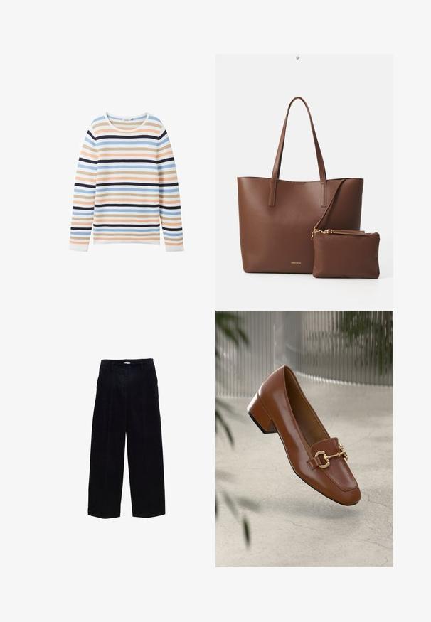 TOM TAILOR NEW OTTOMAN - Svetr - peach blue ottoman stripe; Námořnické modré manšestrové kalhoty s širokými nohavicemi a rovný střih, s předními záhyby a jemnou strukturou. Obsahují poutek na opasek a kovový zip.; Hnědé lakované kožené mokasíny se čtveratou špičkou, kovovým řetízkovým akcentem a nízkým blokovým podpatkem; hladká textura, minimalistický design.; Hnědá taška z umělé kůže s dvěma dlouhými uchy a odpovídajícím malým pouzdrem. Povrch má texturovaný vzor a zlaté kovové prvky.