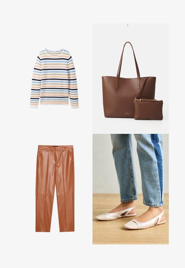 TOM TAILOR NEW OTTOMAN - Strickpullover - peach blue ottoman stripe; Braune Kunstlederhosen mit tailliertem Schnitt, versehen mit vorderen Falten und geraden Beinen. Glatte Textur ohne sichtbare Hardware oder Akzente.; Blassrosa Slingback-Ballerinas mit spitzem Punkt, aus einem glatten, lederähnlichen Material. Mit Ausschnitten an den Seiten und einem flachen Absatz.; Braune Handtasche aus Kunstleder mit zwei langen Griffen und einem passenden kleinen Beutel. Die Oberfläche weist ein strukturiertes Muster und goldene Hardware-Akzente auf.