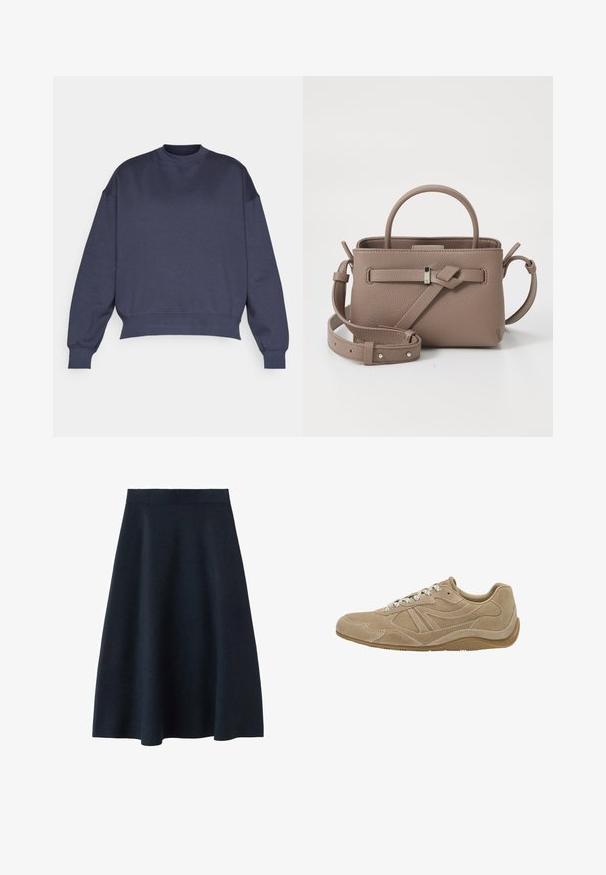 Tamno plavi dukserica s okruglim izrezom, spuštenim ramenima i rebrastim manžetama. Izrađena od mekog, teksturiranog materijala s opuštenim krojem.; Tamno plavi midi suknja izrađena od glatkog materijala, s uskim strukom i krojem koji se širi, bez vidljivih uzoraka ili ukrasa.; Bežanke od suède s niskim profilom, teksturiranom površinom i bijelim vezicama. Ima zakrivljen dizajn i gumeni đon za bolje prianjanje.; Taupe teksturirana kožna torba s gornjom ručkom, podesivom naramenicom i dekorativnom čvorastom detaljem na čistoj bijeloj pozadini.