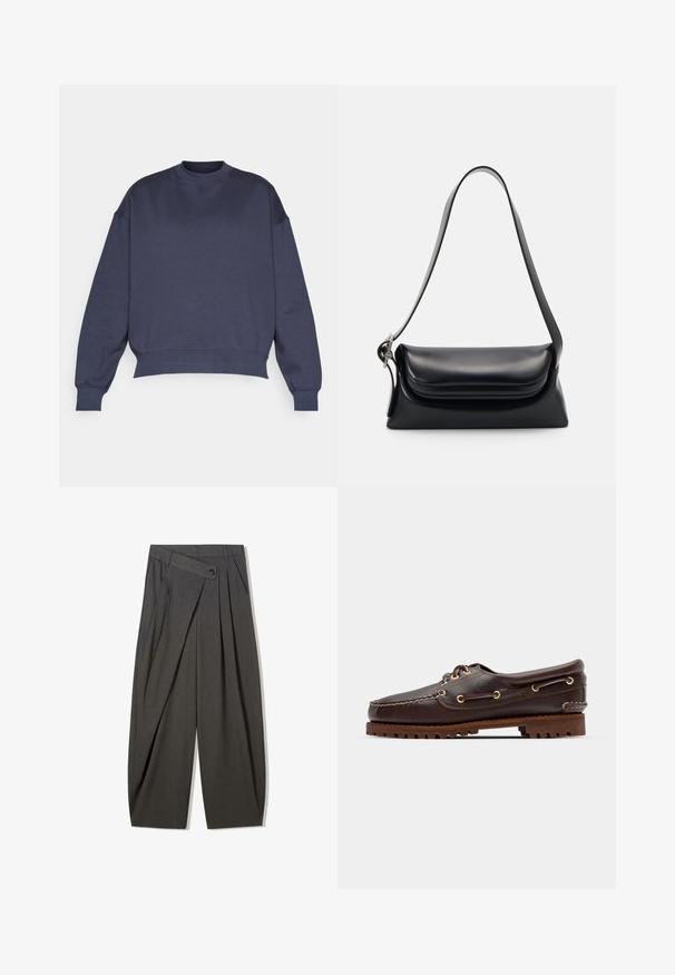 Ciemnoniebieski sweter z okrągłym dekoltem, opadającymi ramionami i ściągaczami. Wykonany z miękkiego, fakturowanego materiału o luźnym kroju.; Szare, plisowane spodnie o wysokim stanie, z zapięciem na guzik i szerokimi nogawkami. Wykonane z gładkiego, tkanych materiału.; Brązowe skórzane buty w stylu boat shoe z złotymi oczkami, okrągłymi sznurowadłami oraz teksturowaną brązową gumową podeszwą. Zawierają przeszycia i wypukłe logo.; Czarna skórzana torebka o zorganizowanym kształcie, gładkiej fakturze i pojedynczym pasku na ramię. Posiada subtelną, zaokrągloną klapkę.