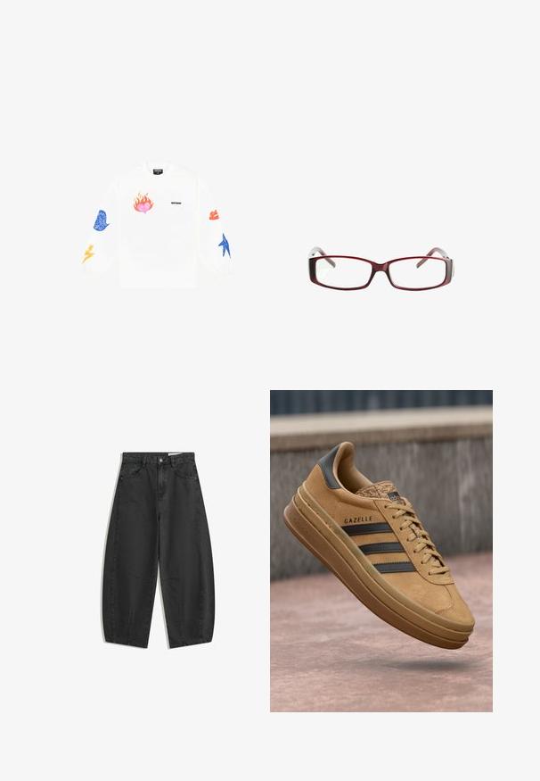 Felpa bianca a maniche lunghe con stampe grafiche colorate: un cuore rosa con fiamme, labbra blu e rosse, una stella blu e fulmini gialli.; Jeans neri a gamba larga con vita alta, tasche frontali, passanti per cintura e chiusura con bottone, esposti in modo piatto su uno sfondo bianco.; Sneakers in camoscio beige con texture liscia, caratterizzati da tre strisce scure, punta arrotondata e suola più spessa con un bordo decorato.; Occhiali da sole rettangolari rossi con un design elegante. Lenti chiare, steli leggermente traslucidi e un effetto sfumato dal rosso al grigio.; Borsa a spalla in pelle bovina marrone e crema con tracolla in pelle liscia, chiusura con zip e superficie morbida e testurizzata con un motivo naturale.