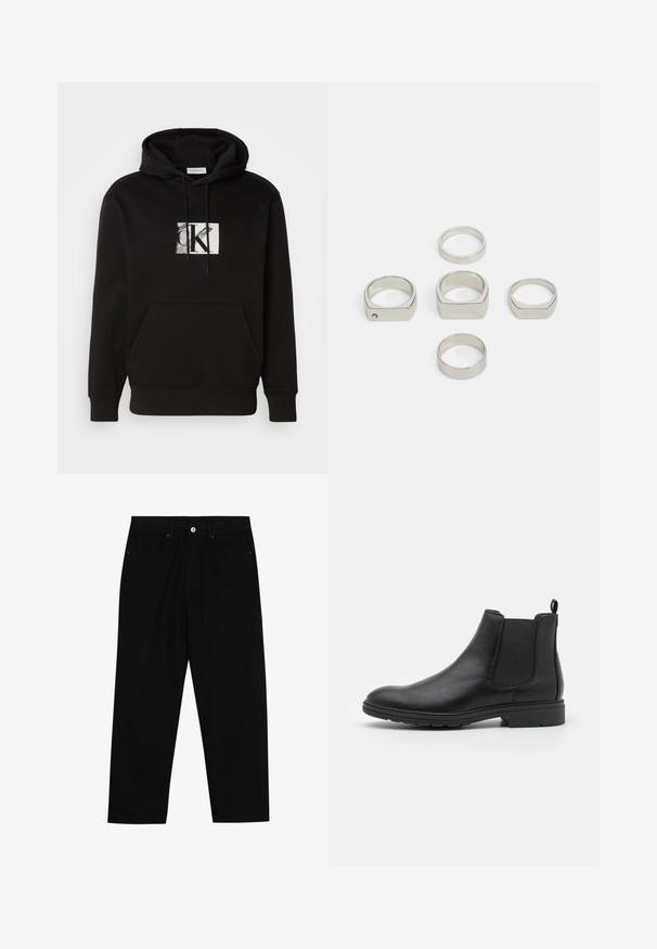 Črn hoodie z sprednjim kenguru žepom in grafičnim logotipom v beli in sivi barvi. Narejen iz mehkega blaga z kapuco na vezanje.; Črni denim hlače s krojem s ravnimi hlačnicami, ki imajo dva sprednja žepa, zapiranje na gumbe in nežne šive.; Črne usnjene čevlje Chelsea z elastičnimi stranskimi paneli in zanko, z zaobljenim nosom in teksturiranim gumijastim podplatom.; Set šestih kovinskih srebrnih prstanov v različnih oblikah, vključno z okroglimi in kvadratnimi, z gladkimi teksturami in minimalističnim dizajnom.