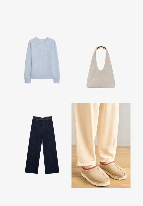 Hellblaues, geripptes Strickpullover mit Rundhalsausschnitt, überschnittenen Schultern sowie geripptem Saum und Bündchen. Weiche Textur und lässige Passform.; Weite dunkle Jeanshose mit Kontrastnähten, hoher Taille und geradem Schnitt. Verfügt über Fronttaschen und einen klassischen Knopfverschluss.; Beige Wildlederschuhe mit rotem dekorativem Rand und weißer Gummisohle, kombiniert mit hellbeigen Hosen, auf einem Holzboden.; Hellgraue Lederhandtasche mit einem U-förmigen Design und einem geschwungenen, metallischen Griff. Glatte Textur mit minimalen Nähten und ohne sichtbare Muster.