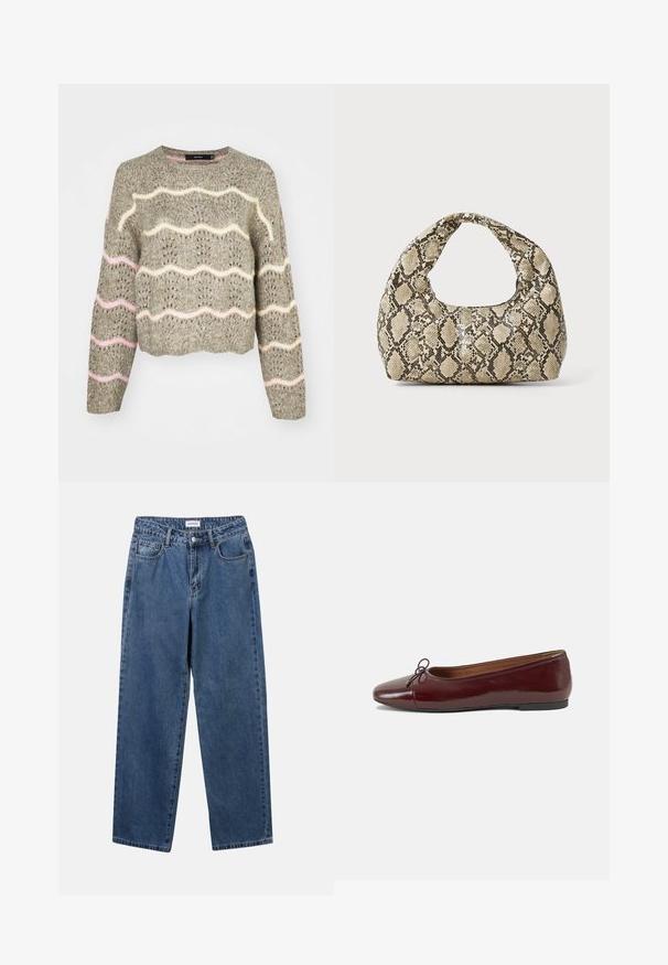 Pleteni skrajšan pulover v umirjeni sivi barvi z valovitimi rožnatimi in smetanastimi vzorci, z okroglo izrezom in dolgimi rokavi. Teksturna zasnova tkanine.; Bela srajca z gumbki, narejena iz gladkega bombaža, s klasičnim ovratnikom, dolgimi rokavi in ukrivljenim robom. Gumbi so majhni in beli.; Klasične modre jeans hlače s ravnim krojem, petimi žepi in gumbom za zapiranje. Imajo srednje pranje in trdno teksturo.; Burgundska patenti usnjeni baletni čevlji z zaobljenim prstom, majhnim lokom na sprednji strani in nizkim črnim gumijastim podplatom. Gladka tekstura.; Torba z vzorom kače s ukrivljenim ročajem. Narejena iz teksturiranih, bež in rjavih materialov, ki imajo značilen diamante vzorec.