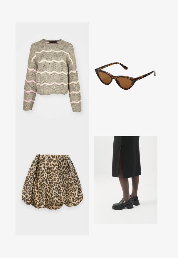 Pletena skraćena pletiva u umirujućoj sivoj boji s valovitim ružičastim i krem uzorcima, koja ima okrugli izrez i duge rukave. Teksturirani dizajn tkanine.; Sister Jane LOLA SKIRT - Suknja A kroja - tan; Crne kožne cipele s zaobljenim vrhom, debelim blok petama i elastičnim bočnim detaljima, uparene s tamnim čarapama i crnom suknjom s prorezom.; Sunglasses u obliku mačjih očiju s okvirom u crno-narančastom kornjačevom uzorku, smešnim lećama i elegatnim, šiljastim vrhovima. Sadrži minimalni logo na dršci.