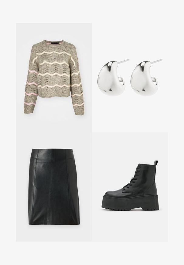 Neulottu lyhyt villapaita hillityssä harmaassa, jossa on aaltoilevia vaaleanpunaisia ja kermaisia kuvioita. Paidassa on pyöreä kaula-aukko ja pitkät hihat. Tekstiilissä on mielenkiintoinen rakenne.; Musta nahkahame, jossa on mukautuva muotoilu. Silkkinen pinta, saumat korostamassa muotoa ja suora helma. Minimalistinen ja tyylikäs ulkoasu.; Mustat nilkkurit paksulla pohjalla, valmistettu sileästä nahasta, jossa on nauhakiinnitys ja vetotuki takana.; Hopeiset nappikorvakorut, joissa on sileä, kaareva muotoilu. Niissä on kiillotettu pinta ja taustatappi, joka varmistaa turvallisen käytön.