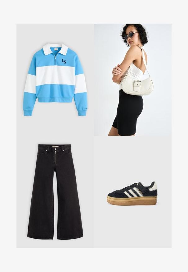 Blå og hvitstripet genser med glidelås i kragen, med bokstavene "LS" brodert i mørk blå på brystet. Mykt materiale, kort design.; Vide benbukser i sort denim med glidelås i front, fem-lomme design og subtile sømdetaljer. Glatt tekstur og avslappet stil.; Svarte, shaggy joggesko med hvite striper og gullskrift, med tykk gummisåle og teksturert overdel. Akkompagnert av en lodden bakdel.; Hvit lær håndveske med en buet form, justerbar stropp og en liten spenne-detalj. Modellen har på seg en tettsittende svart antrekk.