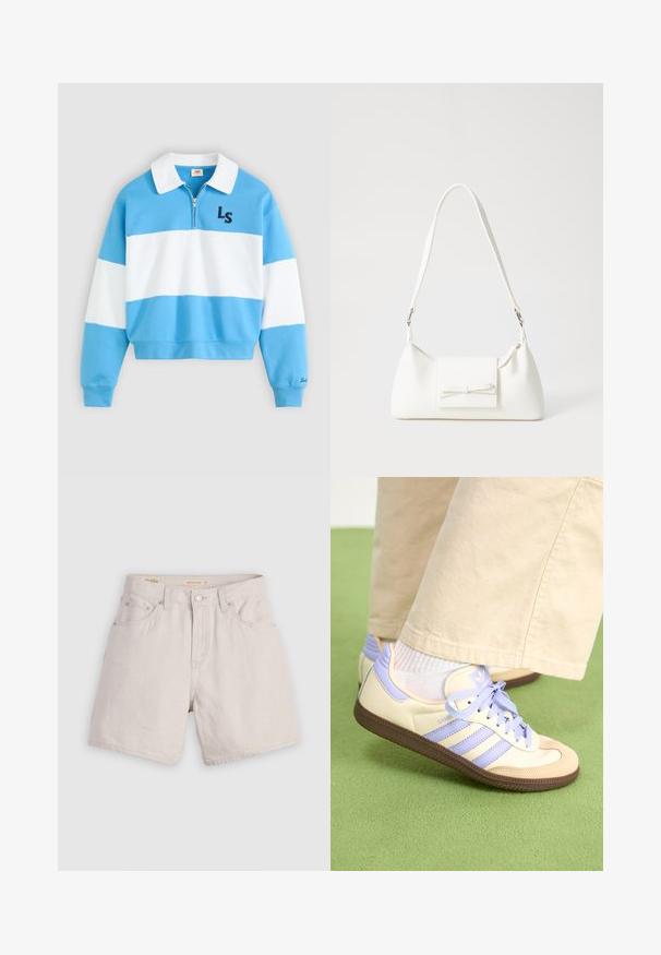 Sudadera a rayas azules y blancas con cuello con cremallera, con las letras "LS" bordadas en azul oscuro en el pecho. Material suave, diseño cropped.; Pantalones cortos de mezclilla beige de talle alto con cierre de botón, trabillas para cinturón y diseño de cinco bolsillos; ligeros con una textura suave.; Zapatillas de crema y lavanda con tres rayas y una suela marrón texturizada, que cuentan con cordones y un talón acolchado. Parte superior de tela suave.; Bolso sintético blanco con forma triangular, tapa frontal plana y detalle de lazo, correa ajustable, textura suave y diseño minimalista.