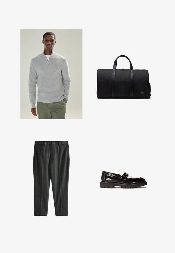 Lys grå strikpullover med kvart-zip krave, ribbet tekstur og lange ærmer, parret med olivengrønne bukser.; Hvid bomulds T-shirt med rund halsudskæring, korte ærmer og en afslappet pasform. Har et enkelt design uden mønstre eller dekorationer.; Next STRIPE-REGULAR FIT - Chino - charcoal grey; Sorte patenterede lædersko med hvid læderdetalje, tykk sort gummisål med godt greb og syet detaljering. Glat tekstur med en skinnende finish.; Sort duffelbag lavet af slidstærkt stof med glatte læderhåndtag, cylindrisk form, synlig lynlås og et lille mærkelogo på forsiden.
