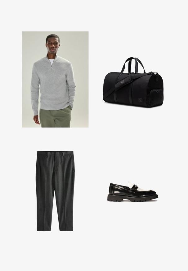 Světle šedý pletený svetr s límcem na čtvrtinový zip, ribkovanou strukturou a dlouhými rukávy, spárovaný s olivově zelenými kalhotami.; Bílé bavlněné tričko s kulatým výstřihem, krátkými rukávy a volným střihem. Má jednoduchý design bez vzorů nebo akcentů.; Next STRIPE-REGULAR FIT - Chino kalhoty - charcoal grey; Černé lakované kožené mokasíny s bílým koženým akcentem, silnou černou gumovou podrážkou a vyšitými detaily. Hladký povrch s lesklým finišem.; Černá sportovní taška vyrobená z odolné tkaniny s koženými prvky, vybavená dvojitými uchy, nastavitelným ramenním popruhem a zipovou boční kapsou.