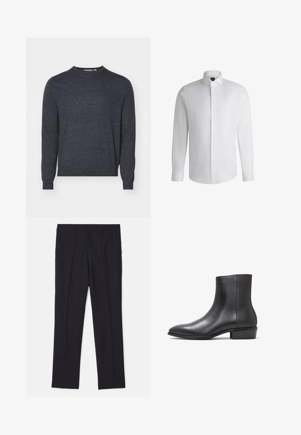 Tiger of Sweden CONNOR - Pullover - grey street; Chemise blanche à manches longues en coton lisse, dotée d'un col classique, d'une patte de boutonnage complète et de poignets à bouton. Design minimaliste.; Pantalons noirs ajustés en tissu lisse, dotés de deux poches latérales, d'une coupe droite et sans motifs ni accents visibles.; ALDO PILLOWWALK+FLEX INSIDE ZIP AMUR - Bottines - open black