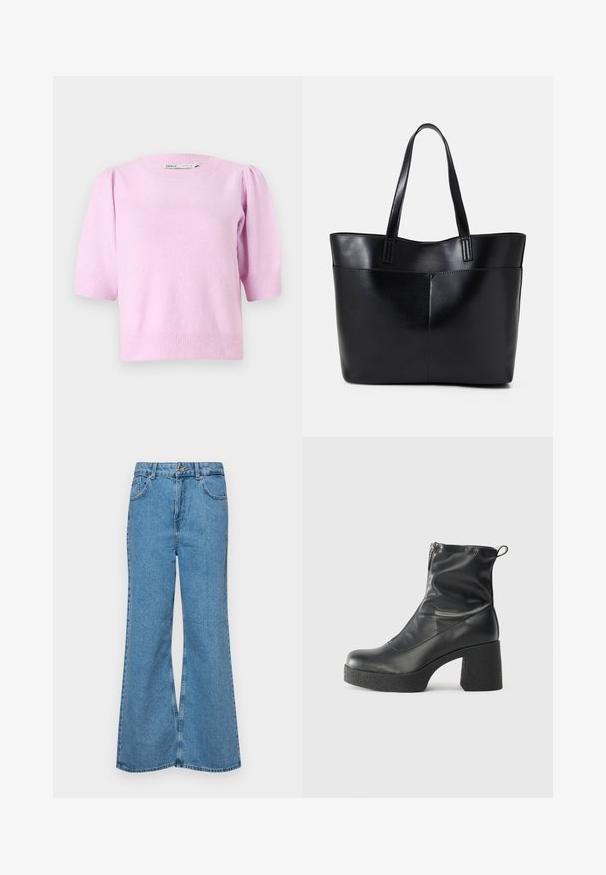 Rožinės trumpomis rankovėmis megztinis su apykakle, raukšlėtomis rankovėmis ir minkšta tekstūra, su subtiliais pūkuotais akcentais pečių srityje.; Šviesiai mėlynos flared džinsai, pagaminti iš džinsinio audinio, su aukštu liemeniu, penkiomis kišenėmis ir vienu mygtuko užsegimu. Minkštas paviršius su išblukusiu efektu.; Juodos kulkšninių botai, pagaminti iš lygaus odos, su šoniniu užtrauktuku, masyviu tekstūruotu kulnu ir apvaliu pirštu.; Juoda odinė rankinė su dviem ilgais diržais, lygiu paviršiumi ir struktūrizuota forma. Yra priekinė kišenė papildomam saugojimui.