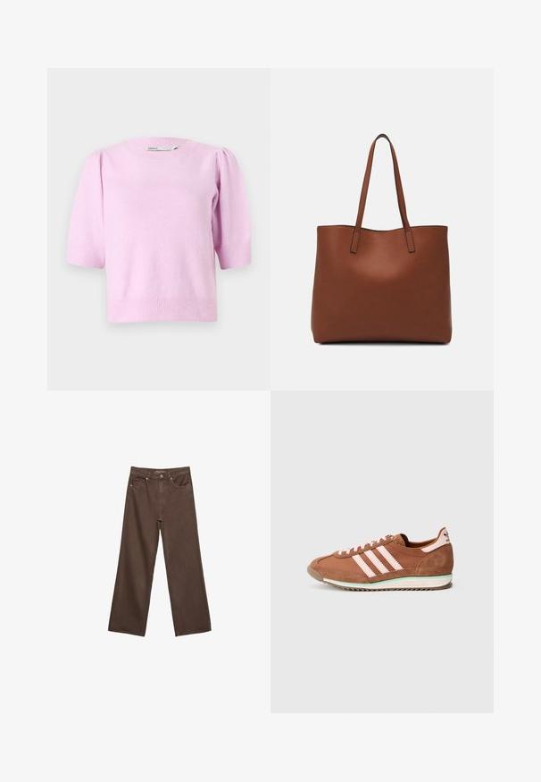 Rosa kurzärmliger Pullover mit Rundhalsausschnitt, gerippten Bündchen und weicher Textur, mit dezenten Puffdetails an den Schultern.; Weite braune Jeans aus Denim, mit hoher Taille, Fronttaschen und klassischem Knopfverschluss. Glatte Textur mit feinen Nähten.; Brauner und rosa Adidas-Sneaker mit Wildlederelementen, drei rosa Streifen an der Seite und einer weißen Sohle mit grünem Akzent.; Braune Leder-Tote mit glatter Textur, offenem Oberteil und zwei Schulterriemen. Verfügt über minimale Nähte und keine sichtbaren Beschläge.