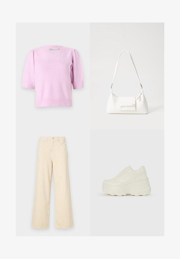 Rózsaszín, rövidujjú pulóver, kerek nyakkivágással, bordázott mandzsettákkal és puha textúrával, enyhe puff részletekkel a vállakon.; Bézs, széles lábú farmernadrág, pamutból készült. Gombos záródással, övhurkokkal és elülső zsebekkel rendelkezik, sima, puha tapintással.; Fehér platform sportcipők, sima bőrszerű felsőrésszel, kerek formával, párnázott bokával és texturált gumitalppal, jól definiált mintázattal.; Fehér szintetikus kézitáska, háromszög alakú, lapos előlap, masni részlettel, állítható pánttal, sima textúrával és minimalista dizájnnal.